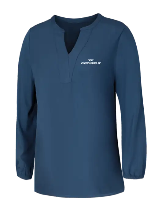 Mercer+Mettle Womens Light Navy Blue Grey Stretch Crepe 3/4 Sleeve Blouse w/Fleetwood RV Logo